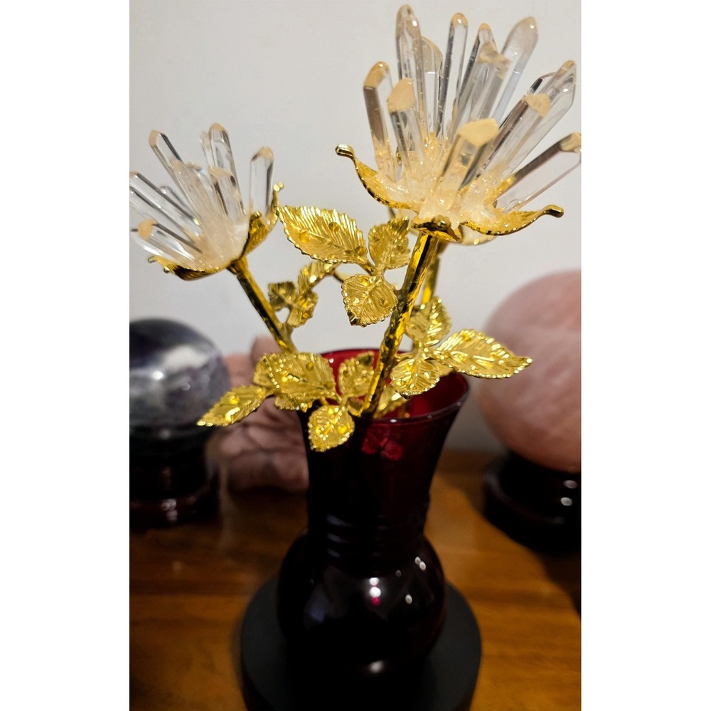 Crystal Table Centerpiece, Quartz Cluster Bloom with Gold Stem